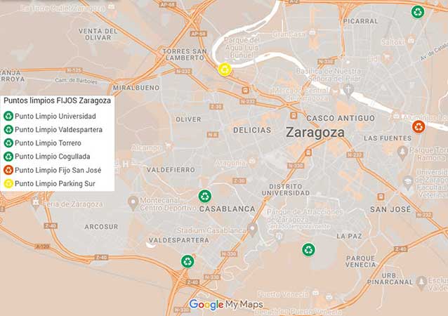 Google My Maps Distribución de los puntos limpios fijos en Zaragoza.
