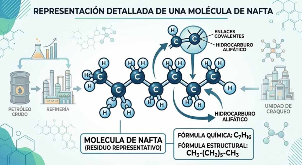 Infografía: La Gasolina o Nafta es una mezcla de hidrocarburos obtenida del petróleo por destilación fraccionada. Generate by Gemini.