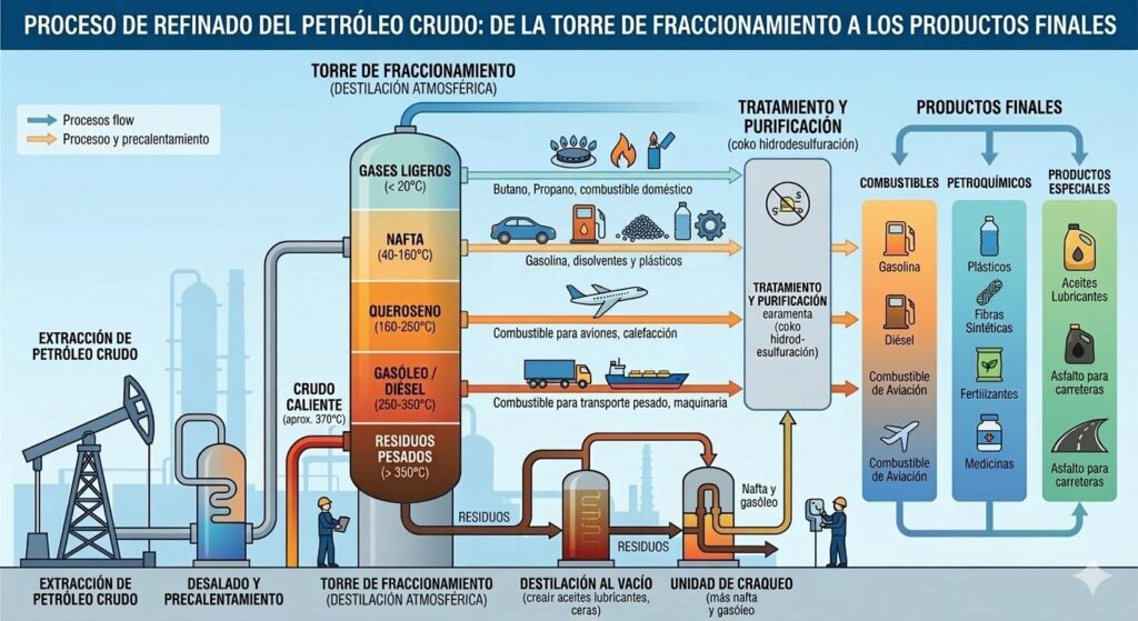Infografía: Torre de destilación de crudo. Generate by Gemini.